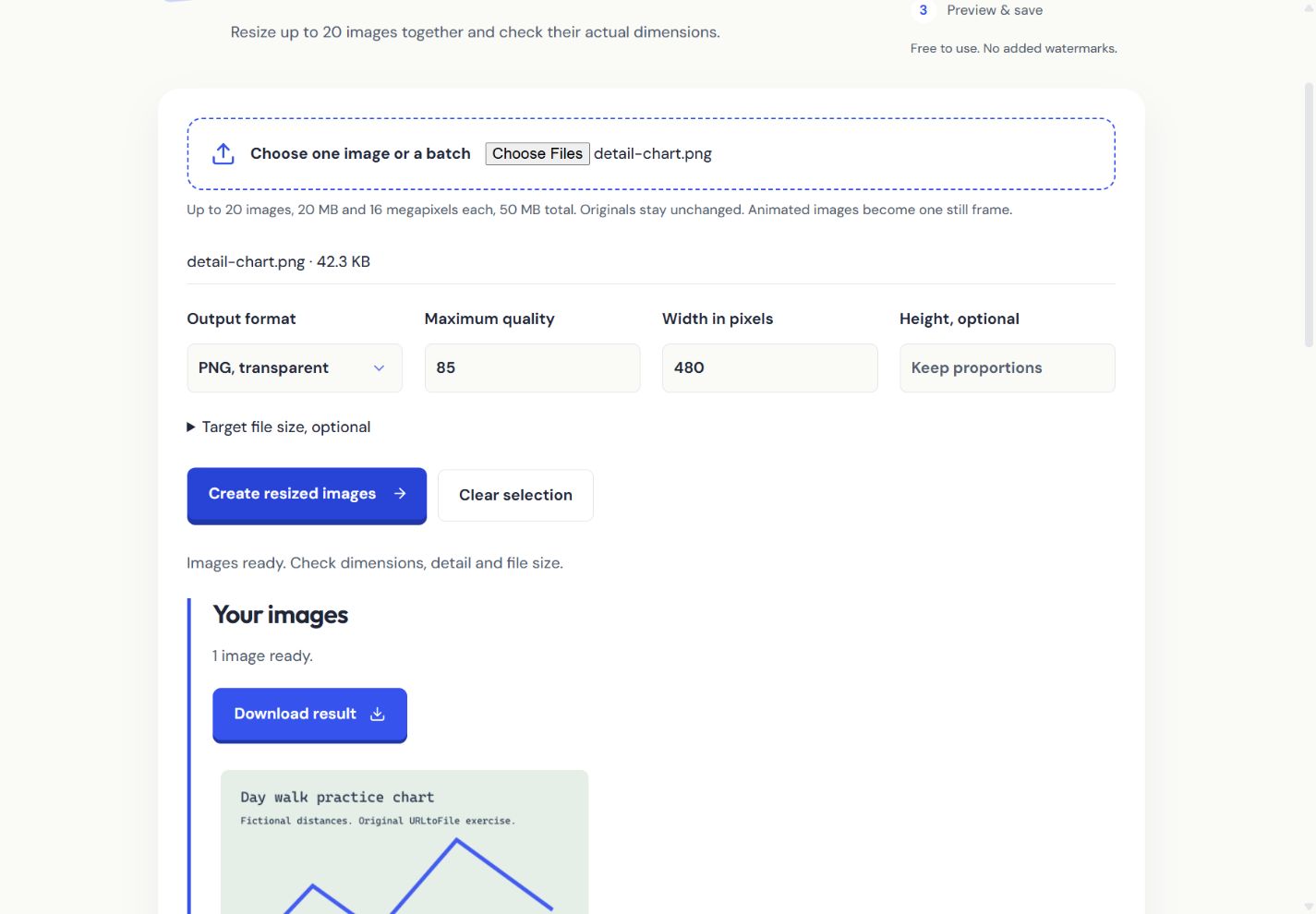 Actual Resize image workspace showing the practice chart exported at 480 by 320 pixels